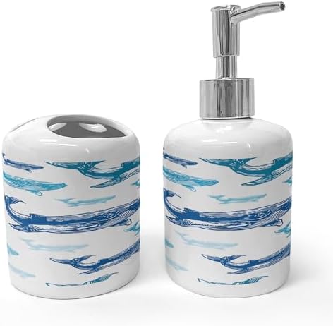 Ambesonne Blue White Sea Animals Soap Dispenser Toothbrush Holder Set
