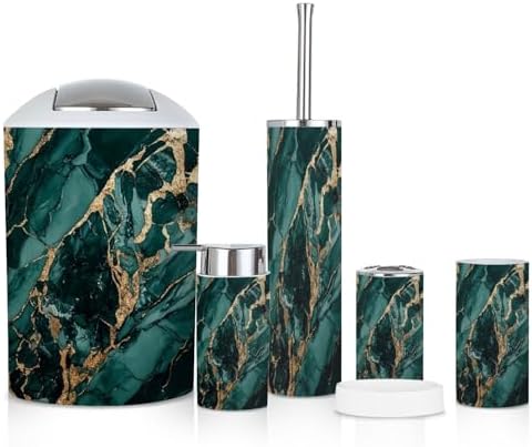 6 Piece Bathroom Accessories Set Green Gold Marble Look 1
