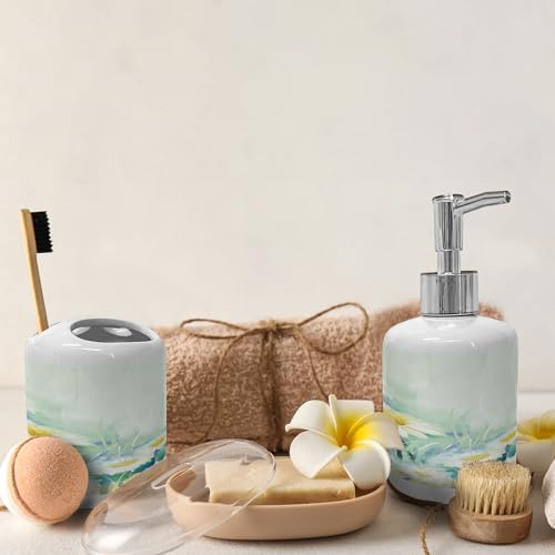 Ambesonne Flower Soap Toothbrush Holder Set Ceramic Pale Blue White