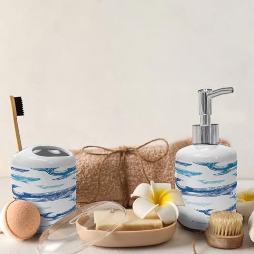 Ambesonne Blue White Sea Animals Soap Dispenser Toothbrush Holder Set