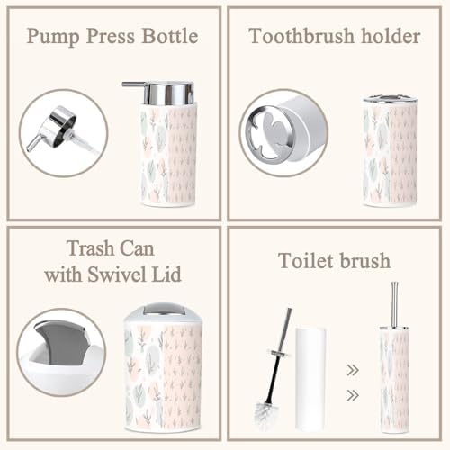 6 Piece Boho Bathroom Accessories Set with Hand Drawn Floral Design
