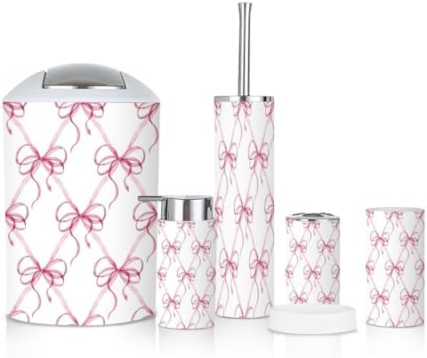 6 Piece Bathroom Accessories Set with Pink Ribbons