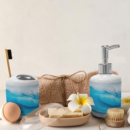 Ambesonne Ocean Soap Dispenser Toothbrush Holder Set 2 Pcs Aqua White