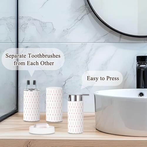 6 Piece Boho Bathroom Accessories Set with Pink Trellis Design