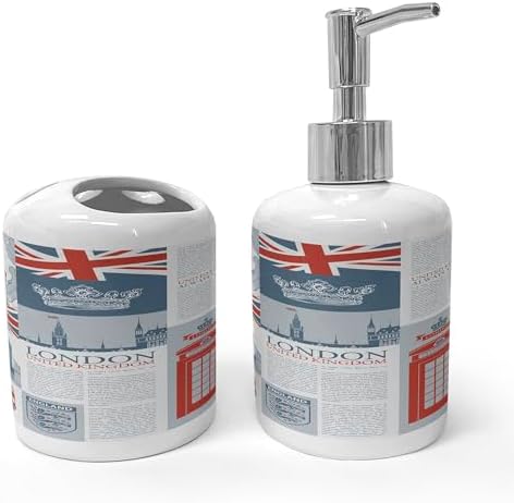 Ambesonne Phone Booth Soap Dispenser Toothbrush Holder Set London Themed Ceramic