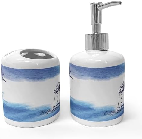 Ambesonne Lighthouse Ceramic Soap Toothbrush Holder Set Blue and White