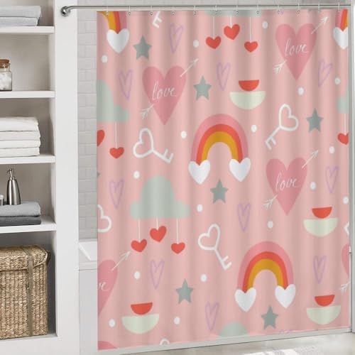 Kuizee 4-Piece Shower Curtain Set with Rugs - Happy Valentine Pink