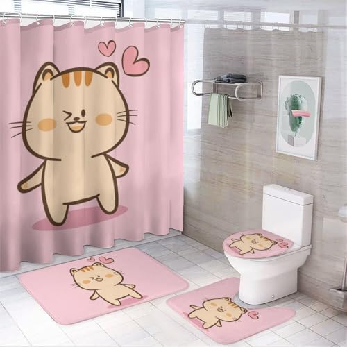 Kuizee 4-Piece Cute Cat Rabbit Shower Curtain Set with Non-Slip Rugs