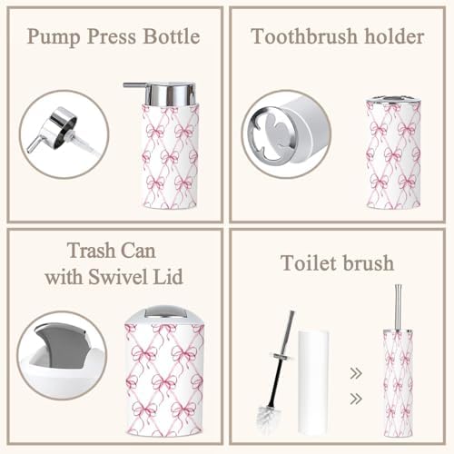 6 Piece Bathroom Accessories Set with Pink Ribbons