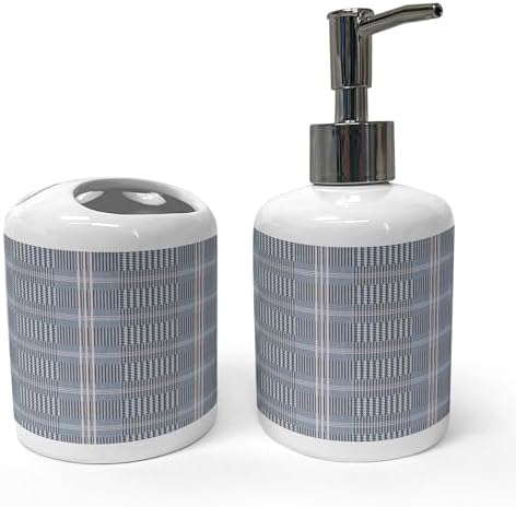 Ambesonne Plaid Soap Dispenser Toothbrush Holder Set 2 Pcs Charcoal Grey White Rose