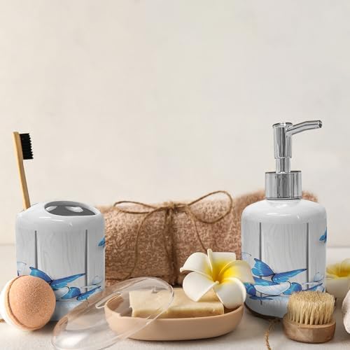 Ambesonne Ceramic Soap Toothbrush Holder Set Blue White Butterflies