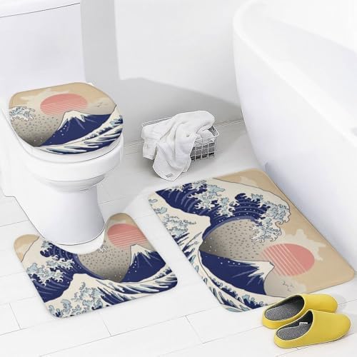 Kuizee 4 Piece Japanese Wave Shower Curtain Set with Non-Slip Mats