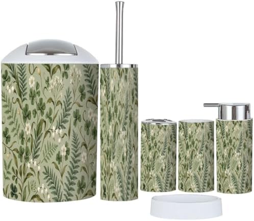 Boho Bathroom Accessory Set 6 Piece White Flowers Fern Leaves