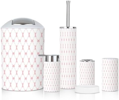 6 Piece Boho Bathroom Accessories Set with Pink Trellis Design