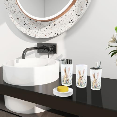 Boho Bathroom Accessory Set 6 Piece with Cute Bunnies and Flowers