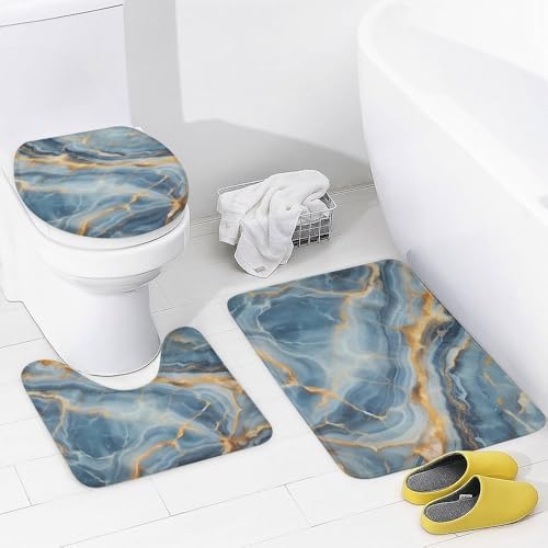 Kuizee 4-Piece Shower Curtain Set with Marble Granite Rugs