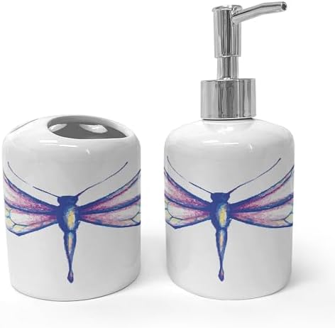 Ambesonne Dragonfly Ceramic Soap Dispenser Toothbrush Holder Set 2 Pcs