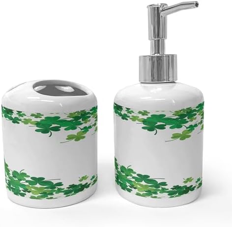 Ambesonne Clover Soap Dispenser Toothbrush Holder Set 2 Pcs Green Fern Green