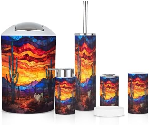6 Piece Bathroom Accessories Set Mystical Desert Cactus Textured Stained Glass Art
