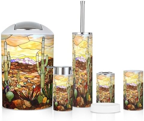 6 Piece Bathroom Accessories Set with Desert Cacti Stained Glass Design