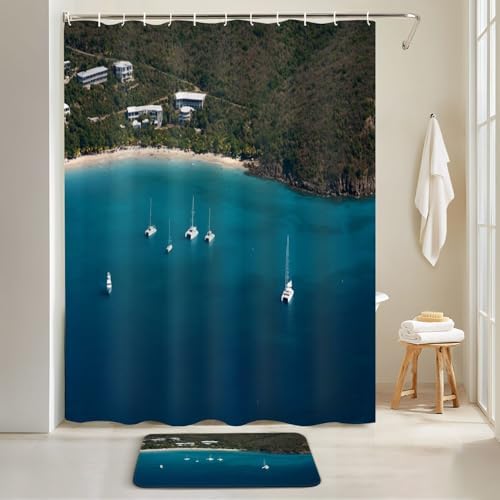 4 Piece Shower Curtain Set with Non-Slip Mats 1