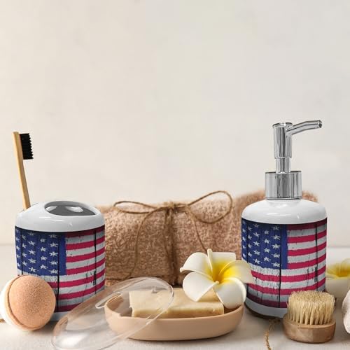 Ambesonne USA Ceramic Soap Dispenser Toothbrush Holder Set 1