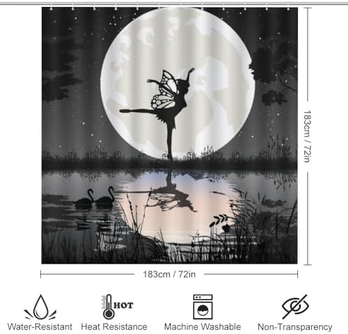 Kuizee 4 Piece Fairy Moon Shower Curtain Set with Non-Slip Rugs