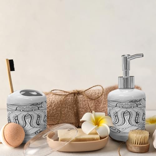 Ambesonne Octopus Soap Dispenser Toothbrush Holder Set Black White 1