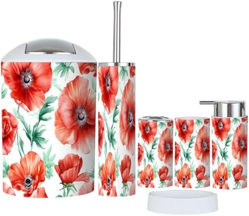 Boho Red Flowers Bathroom Accessory Set 6 Piece