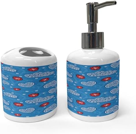 Ambesonne Ladybugs Soap Dispenser Toothbrush Holder Set Blue Red