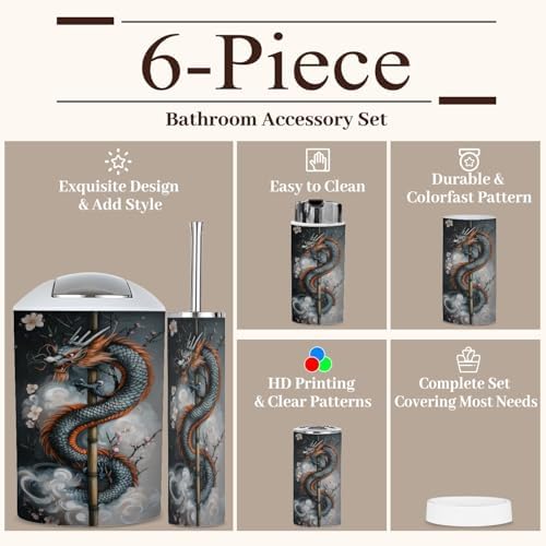 6 Piece Bathroom Accessories Set with Dragon Plum Blossoms Design