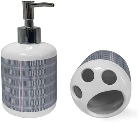 Ambesonne Plaid Soap Dispenser Toothbrush Holder Set 2 Pcs Charcoal Grey White Rose