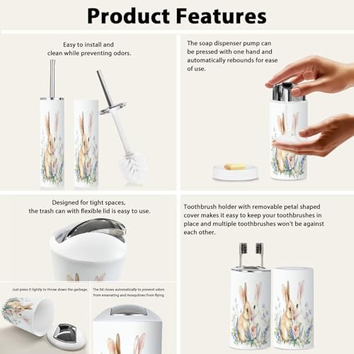 Boho Bathroom Accessory Set 6 Piece with Cute Bunnies and Flowers