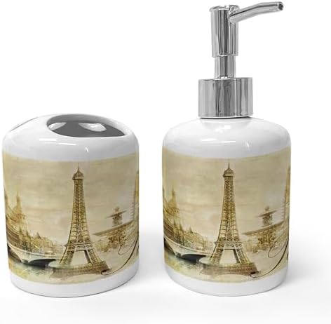Ambesonne Paris Ceramic Soap Toothbrush Holder Set 2 Pcs Beige