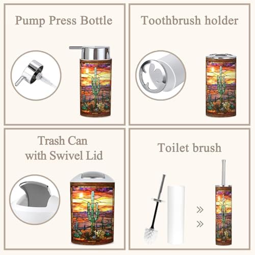 6 Piece Bathroom Accessories Set Textured Sunset Cactus Art