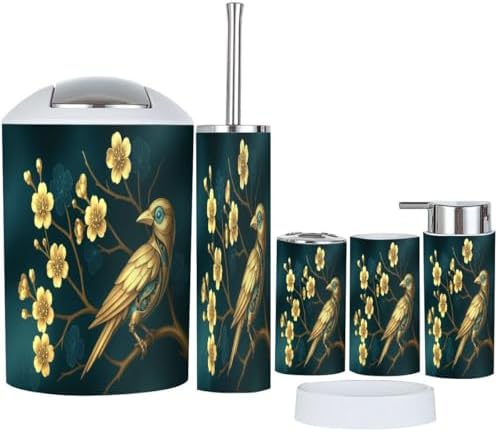 Boho Golden Bird Bathroom Accessory Set 6 Piece
