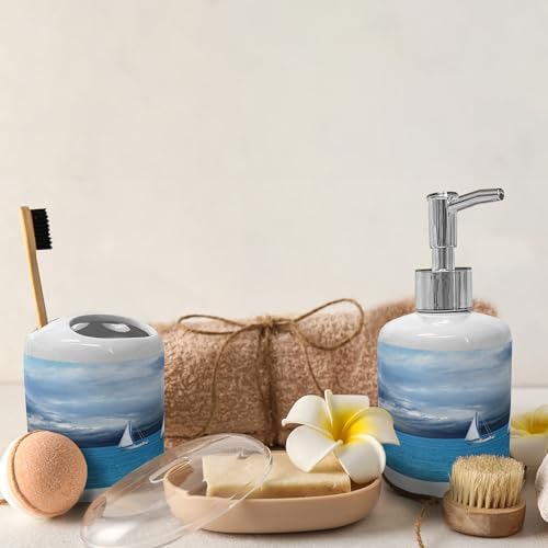 Ambesonne Ceramic Soap Toothbrush Holder Set Blue Grey Blue White