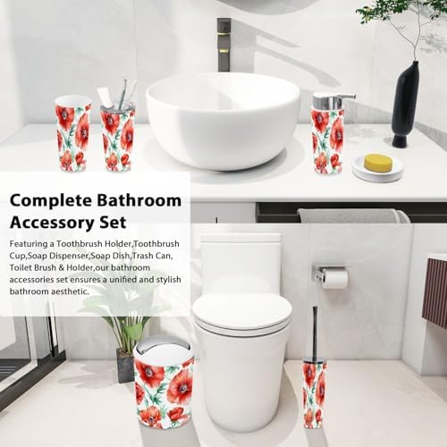 Boho Red Flowers Bathroom Accessory Set 6 Piece