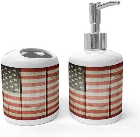 Ambesonne USA Flag Soap Toothbrush Holder Set 2 Pcs Blue Red