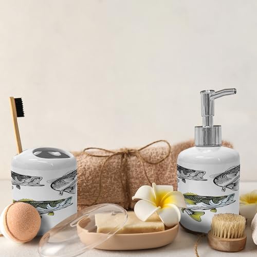 Ambesonne Bass Fish Soap Dispenser Toothbrush Holder Set 2 Pcs