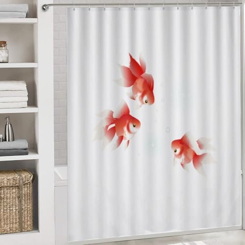 Kuizee 4-Piece Shower Curtain Set with Rugs Red Goldfish Design