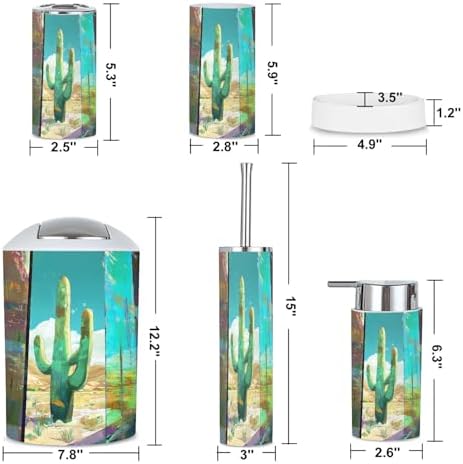 6-Piece Boho Bathroom Accessories Set with Cactus Design