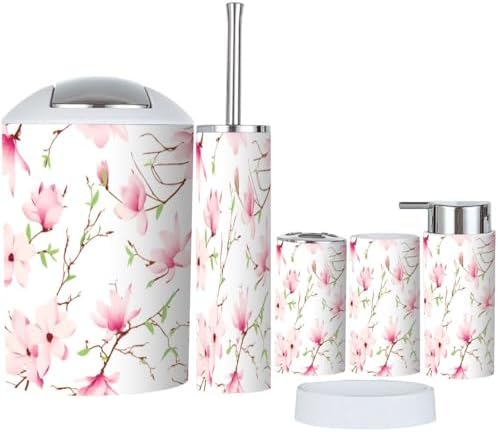Bathroom Accessories Set 6 Pcs Spring Magnolia Flowers