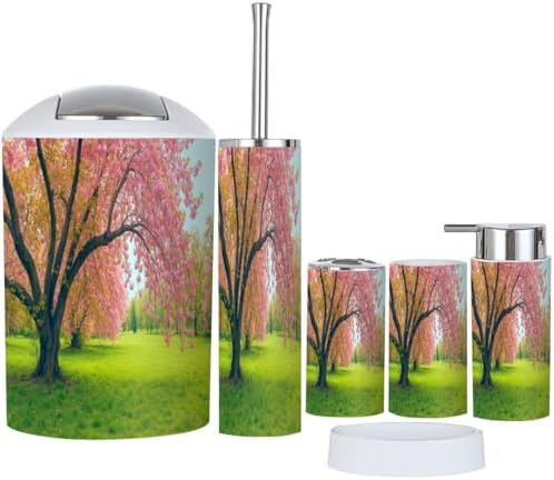 Boho Pink Cherry Blossom Bathroom Accessory Set 6 Piece 1