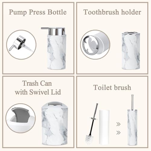 6 Piece Grey Marble Bathroom Accessories Set