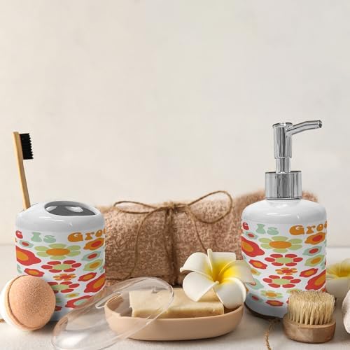 Ambesonne Groovy Soap Toothbrush Holder Set Mint Green Orange Red