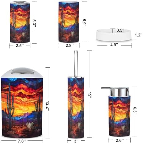 6 Piece Bathroom Accessories Set Mystical Desert Cactus Textured Stained Glass Art