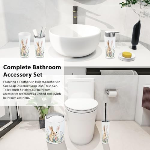 Boho Bathroom Accessory Set 6 Piece with Cute Bunnies and Flowers
