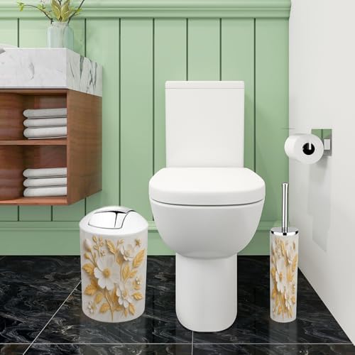 Boho White Gold 3D Flowers Bathroom Accessory Set 6 Piece