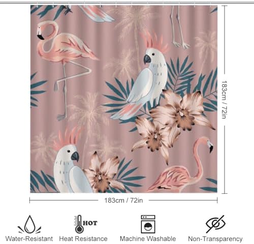 Kuizee Tropical Pink Flamingo Shower Curtain Set with Rugs 4 Pieces